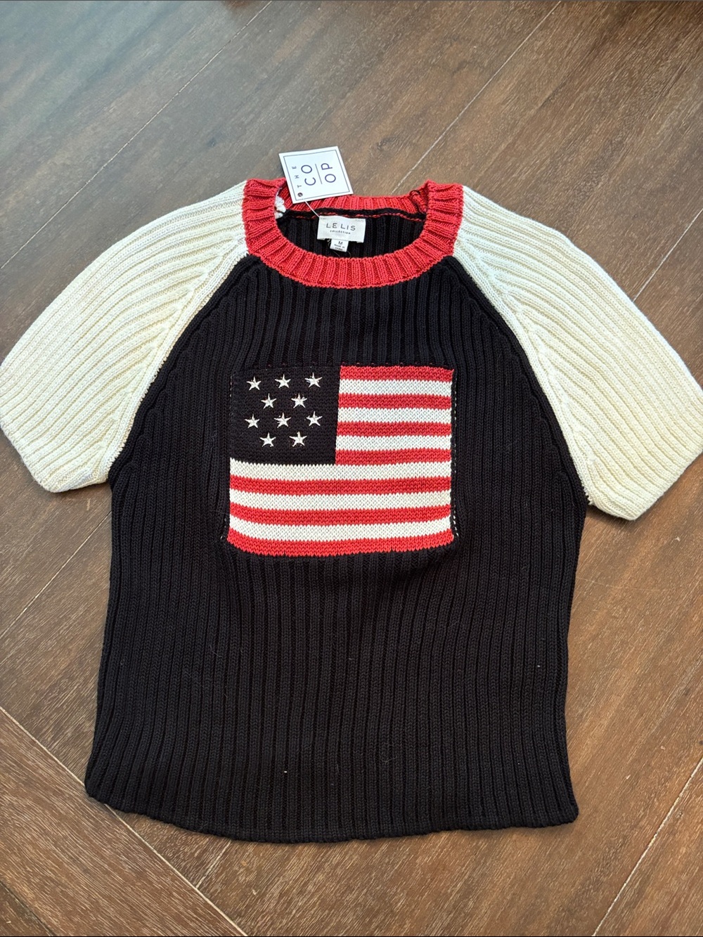 Le Lis Black, Cream & Red Flag Knit Short Sleeve Sweater